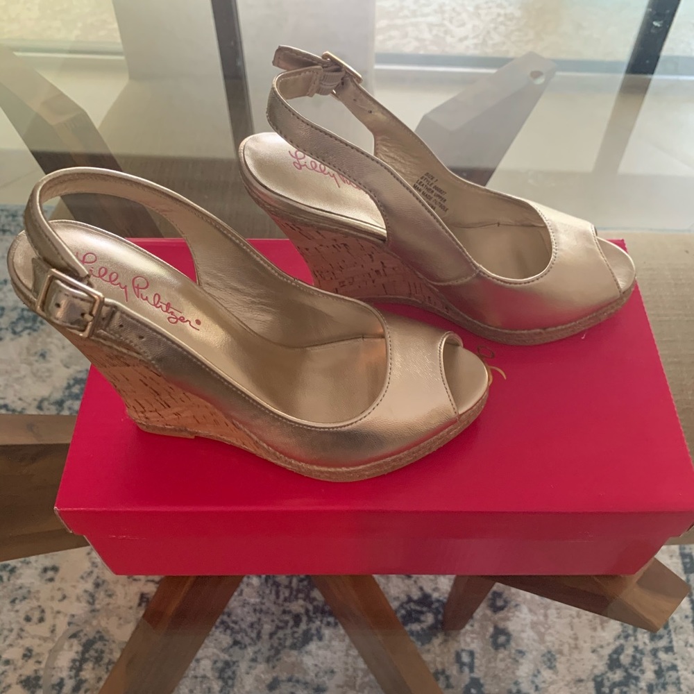 Lilly Pulitzer Krisie Gold Wedge Sandals NIB